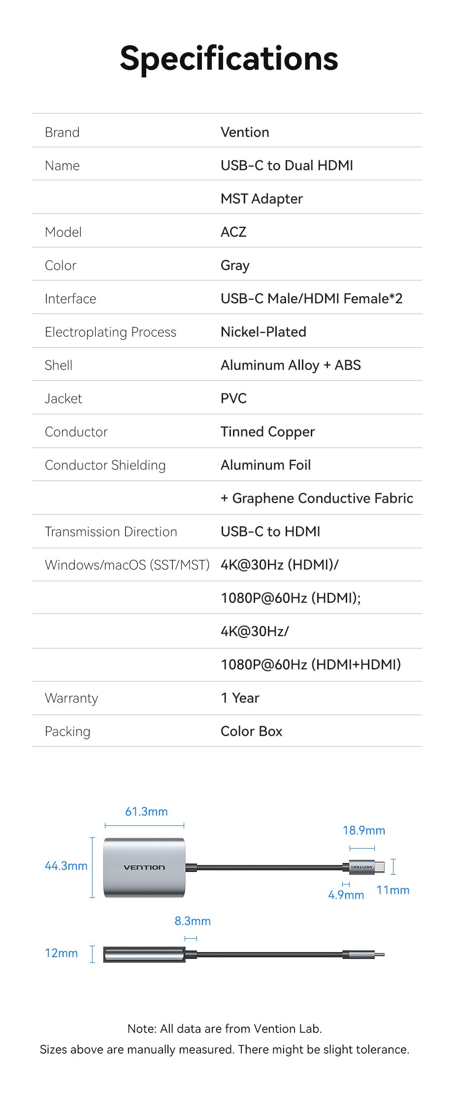 chube Bộ Chuyển Đổi Type-C to Dual HDMI MST VENTION ACZ (4K@30Hz)