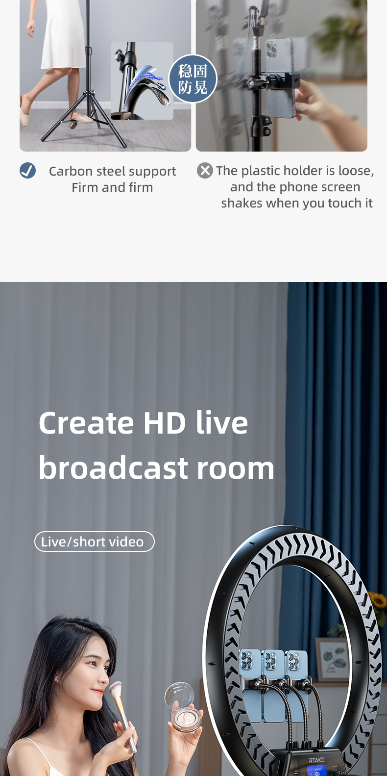Đèn Livestream Rtako AR-GTB01 Ring Light 18/22 inch - Thiết kế chuyên nghiệp