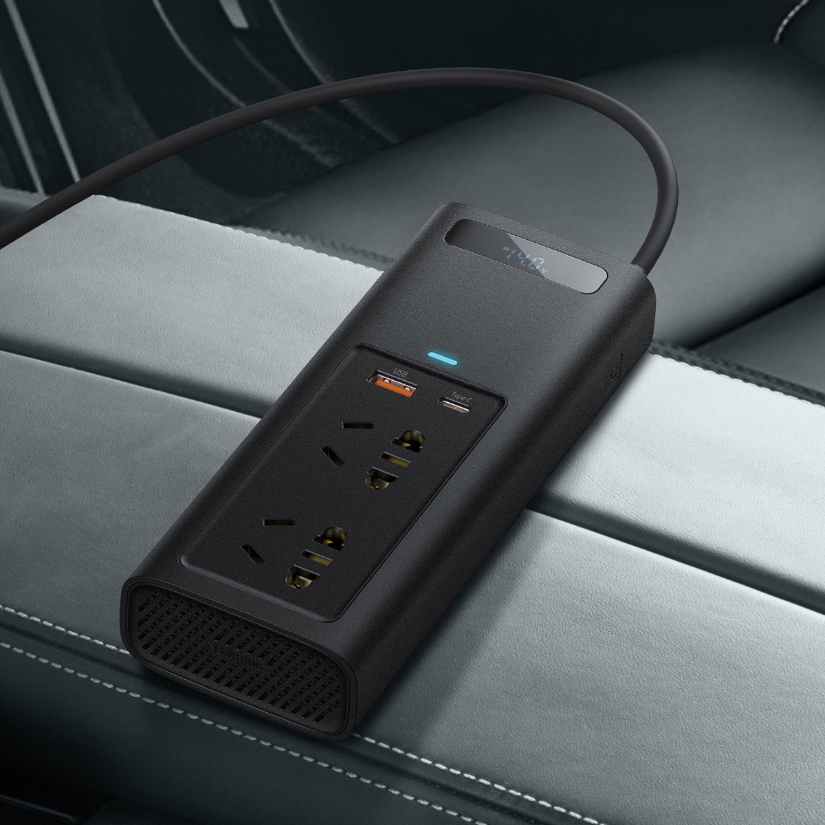 Baseus 150W Power Inverter showing display and cooling fan