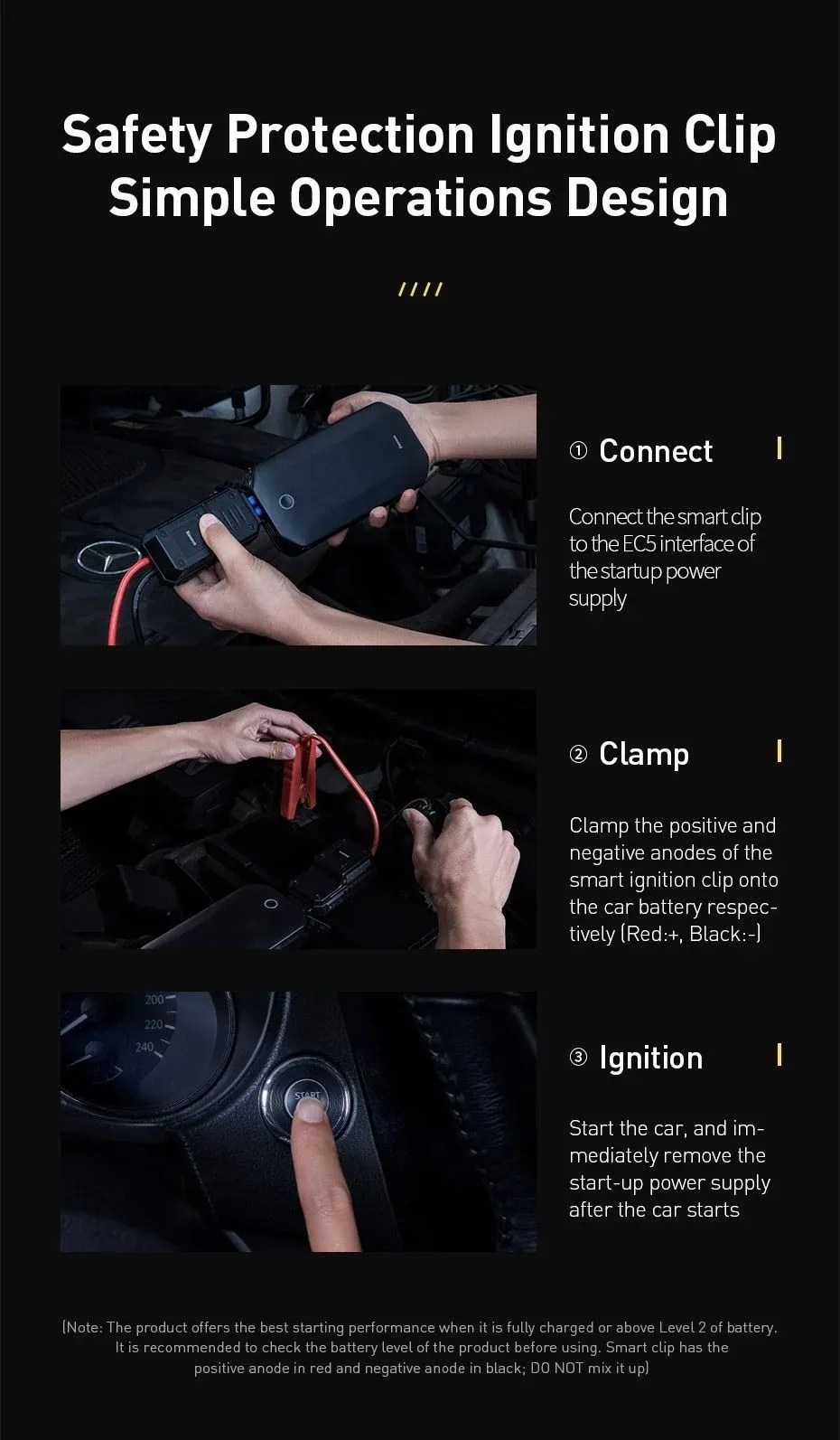 Bộ kích nguồn ô tô Baseus Super Energy Car Jump Starter - Minh họa quá trình kích nổ xe