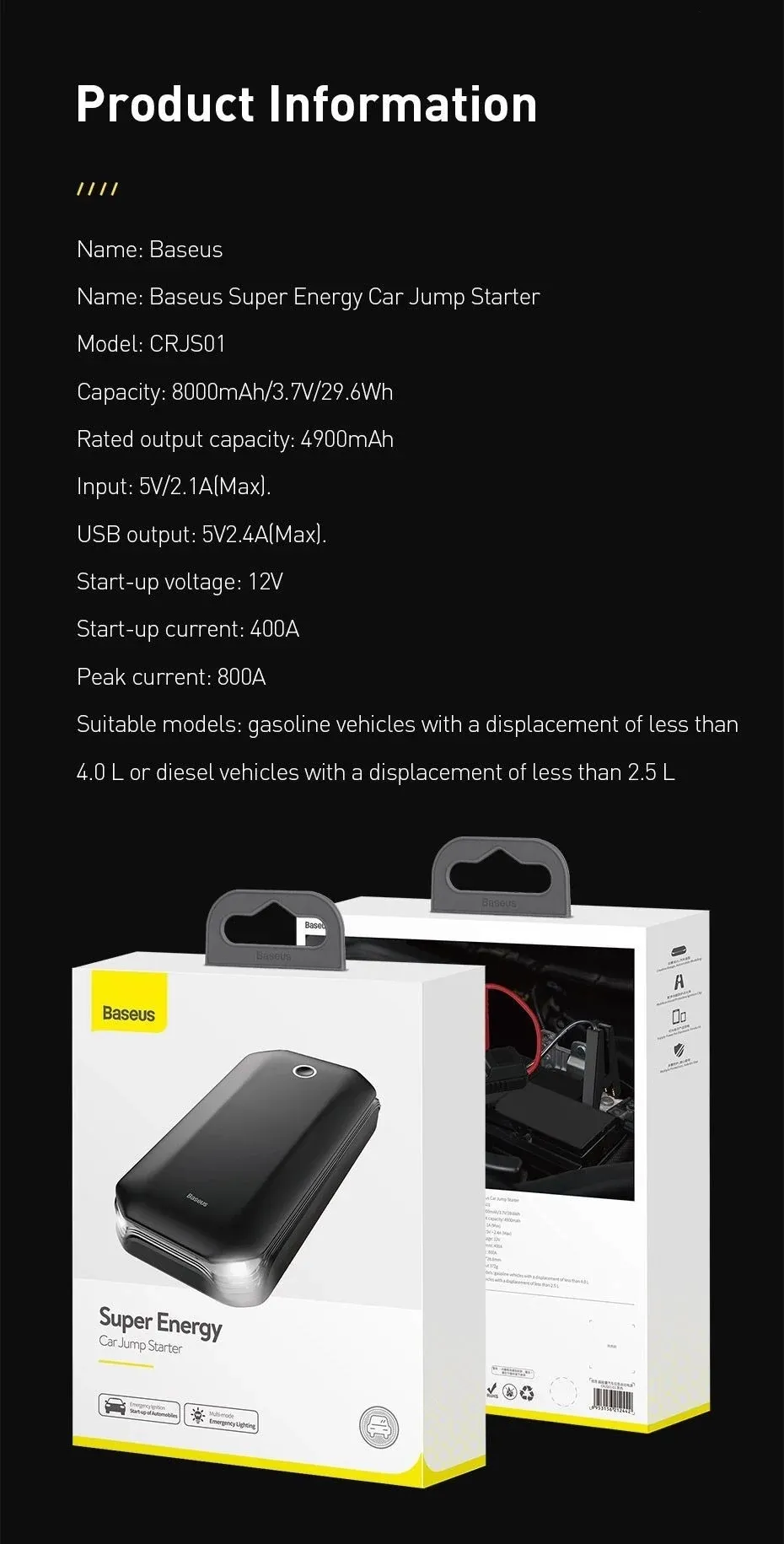 Bộ kích nguồn ô tô Baseus Super Energy Car Jump Starter - Tổng quan các tính năng