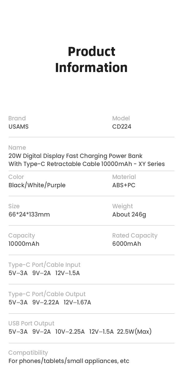 chube Pin Sạc Dự Phòng USAMS CD224 10000mAh 20W