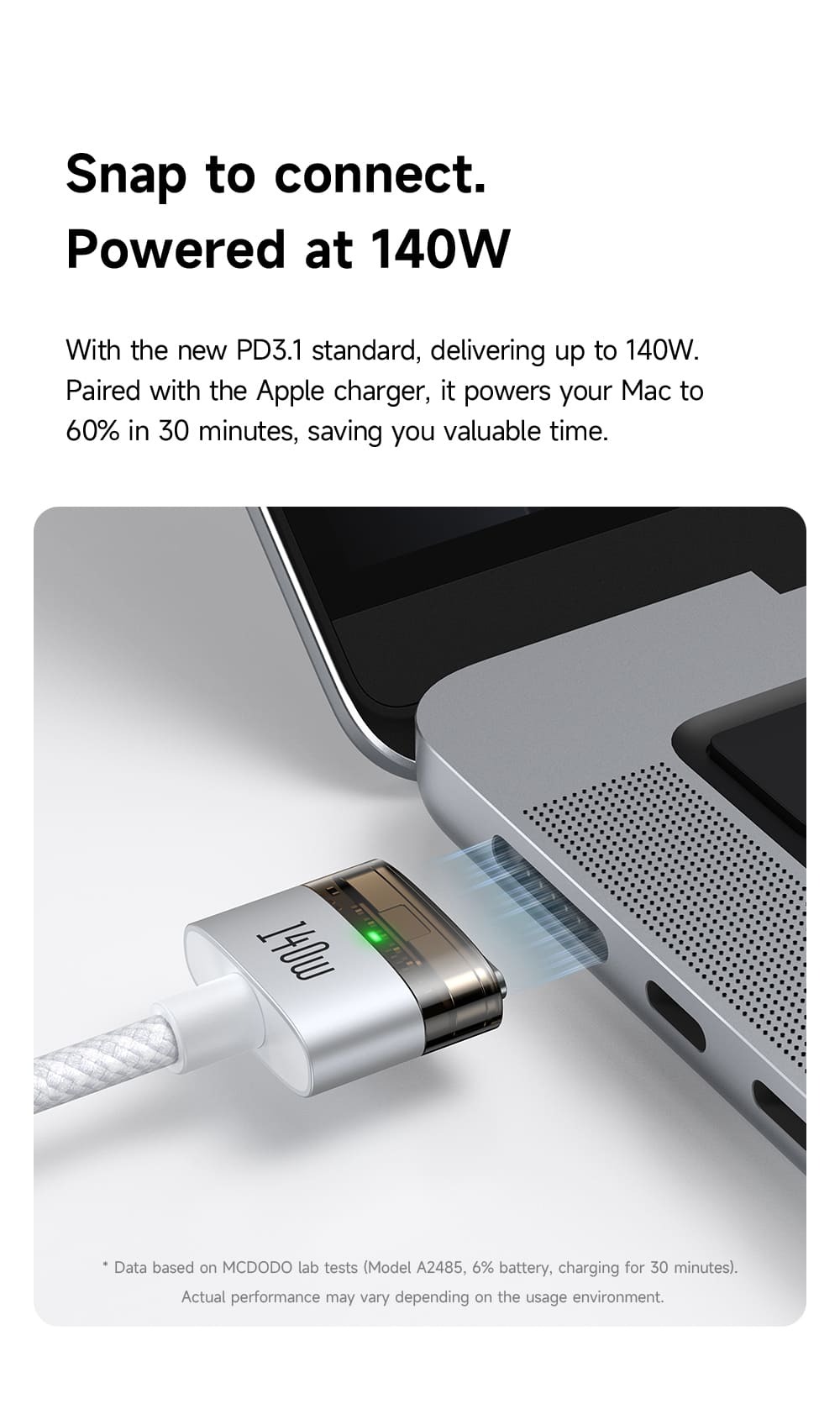 Cận cảnh đầu sạc Magsafe 3 của cáp Mcdodo 140W có đèn báo - chube.vn