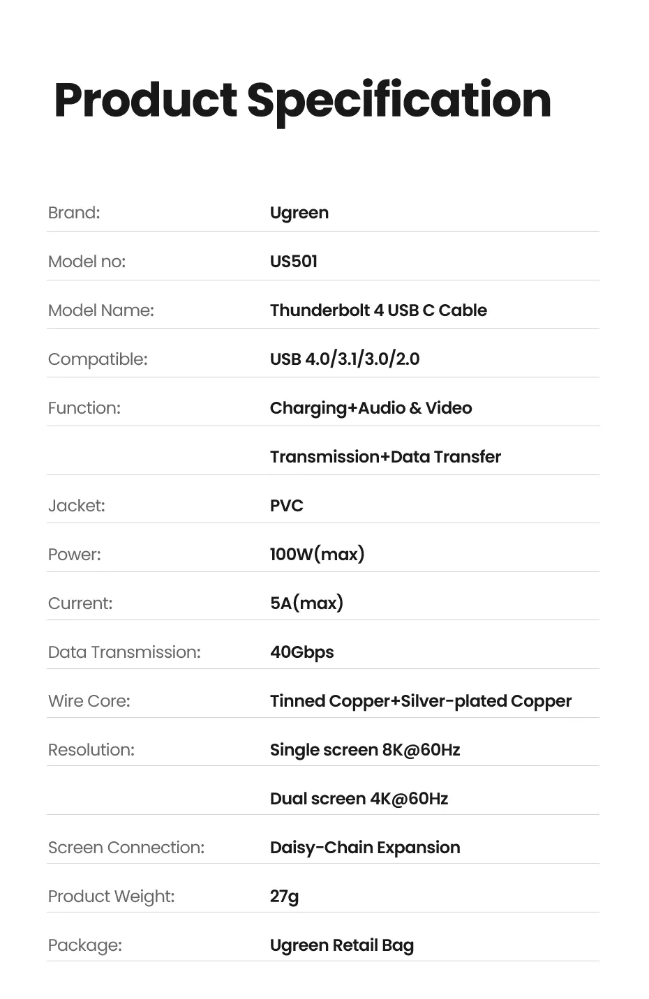 Cáp Ugreen US501 Thunderbolt 4 - Chi tiết vỏ bọc TPE