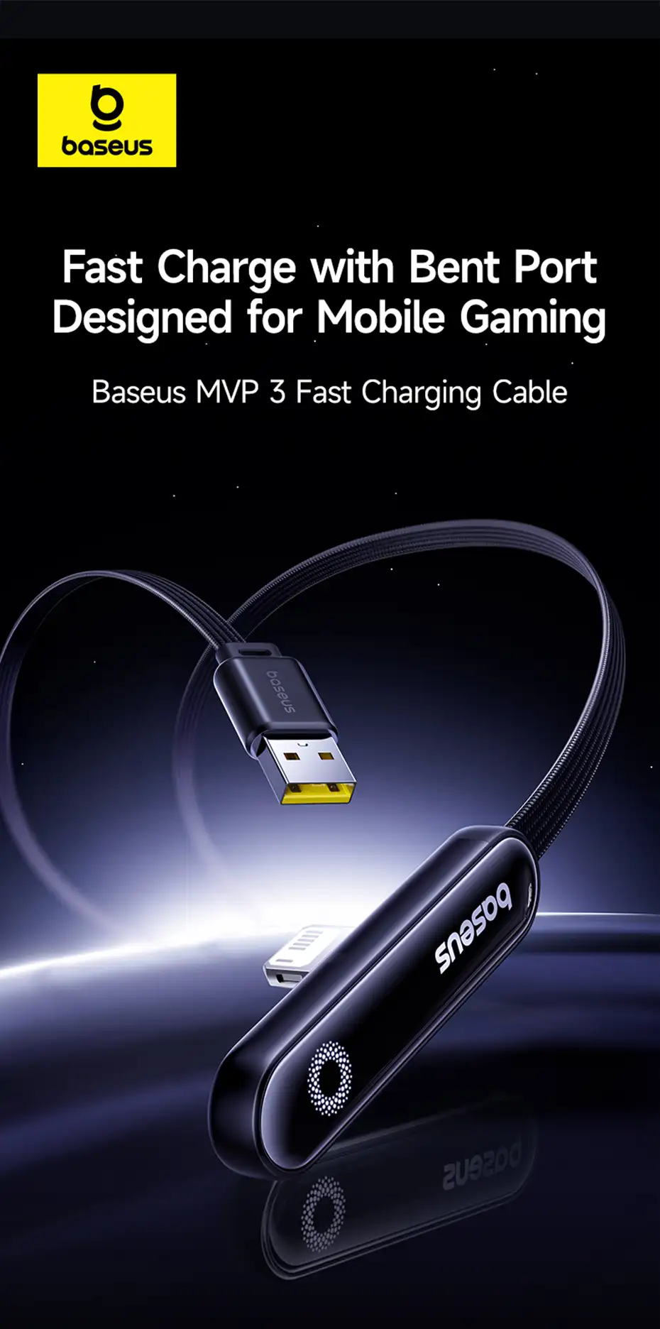 Cáp sạc nhanh USB to Lightning Baseus MVP 3 - góc nhìn cận cảnh sản phẩm - chube.vn