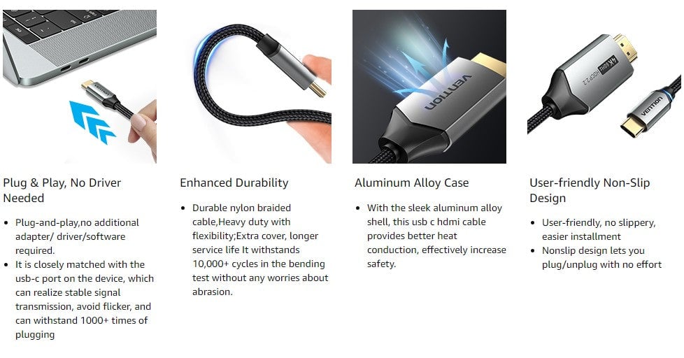 chube Cáp chuyển Type-C to HDMI 4K VENTION CRB hỗ trợ HDCP2.2
