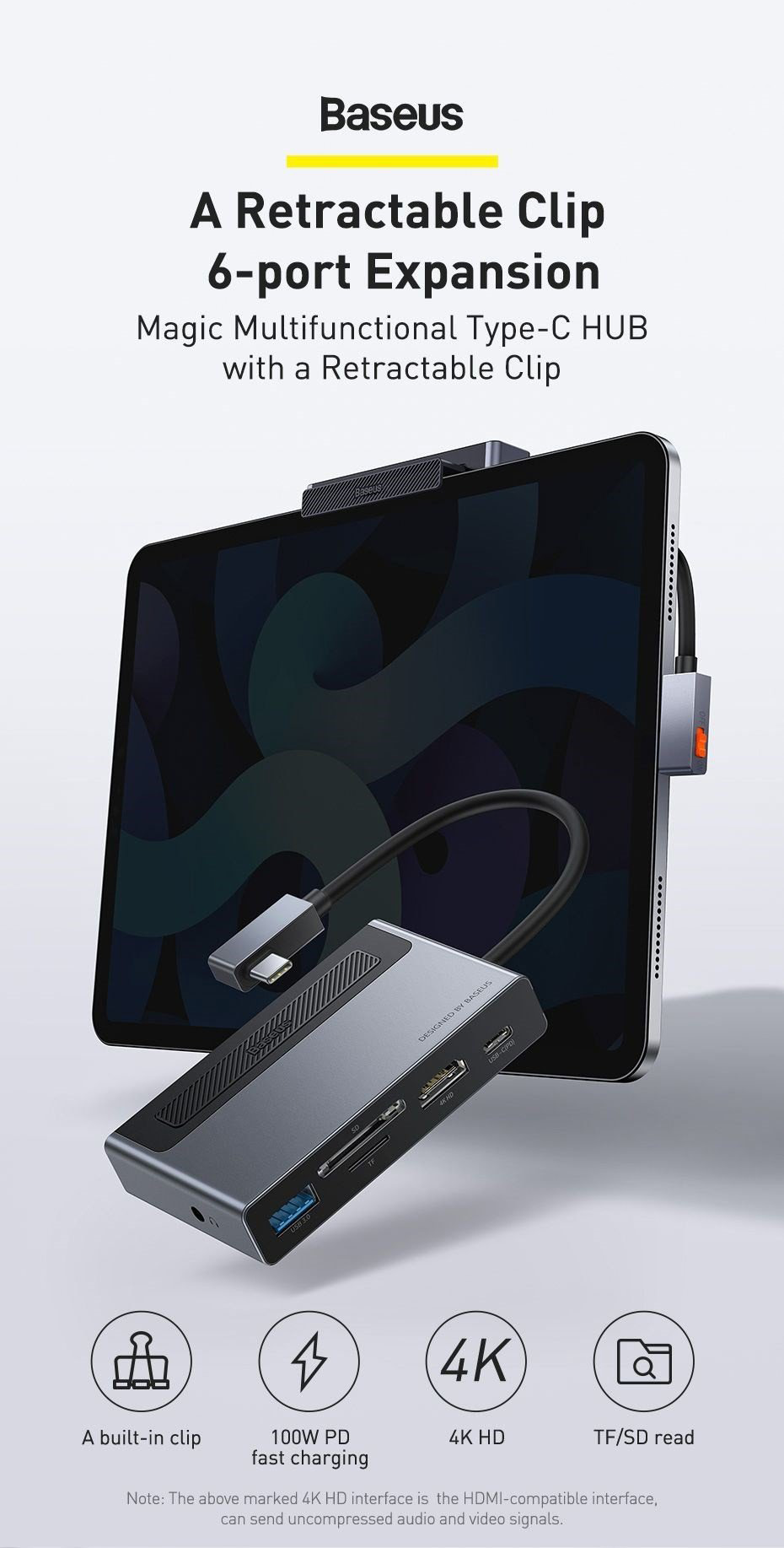 Hub chuyển đổi iPad 6 trong 1 Baseus Magic Multifunctional - Thiết kế tổng quan và các cổng kết nối