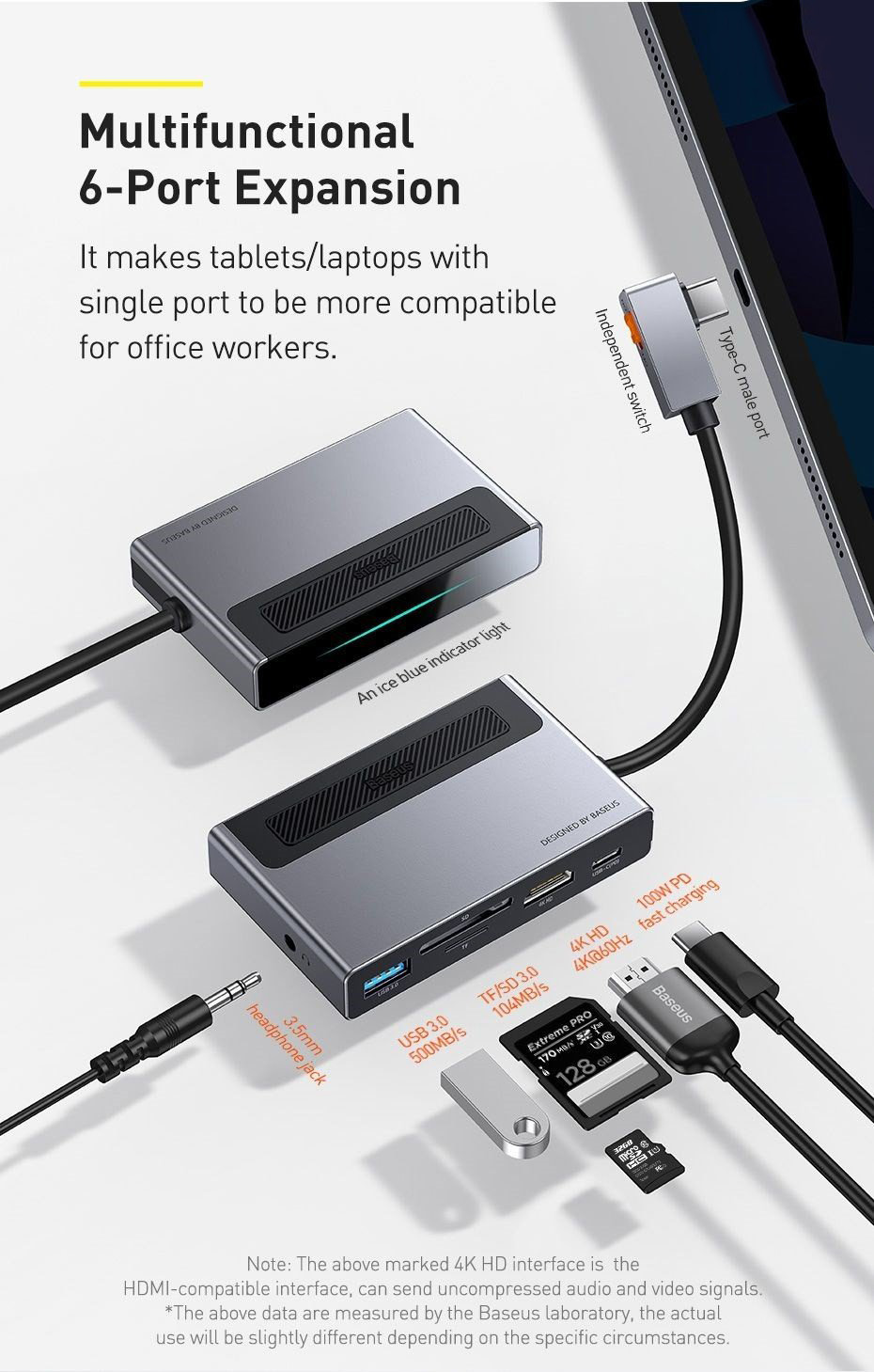 Hub chuyển đổi iPad 6 trong 1 Baseus Magic Multifunctional - Kết nối màn hình ngoài qua cổng HDMI 4K