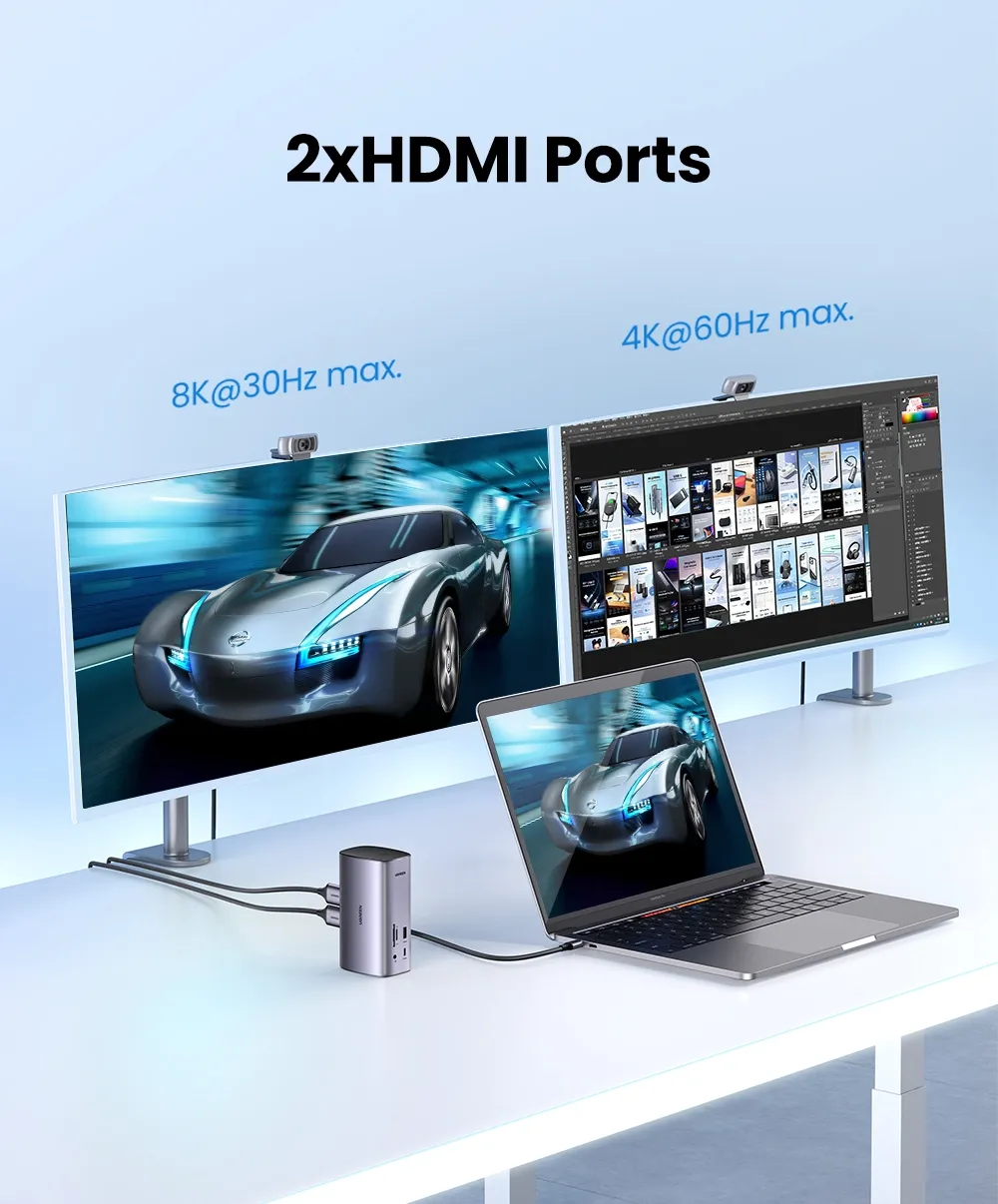 Dock chuyển đổi MST Ugreen Revodok Pro 12-in-1 CM555-90325, chi tiết các cổng USB và audio.