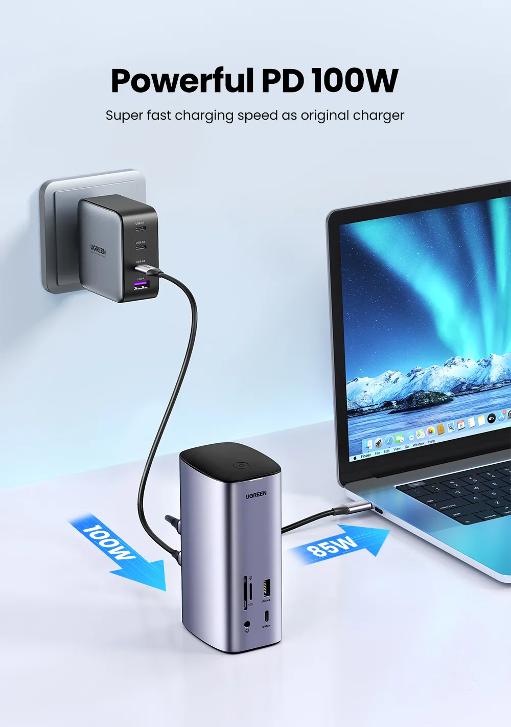 Dock chuyển đổi MST Ugreen Revodok Pro 12-in-1 CM555-90325, góc nhìn từ trên xuống.