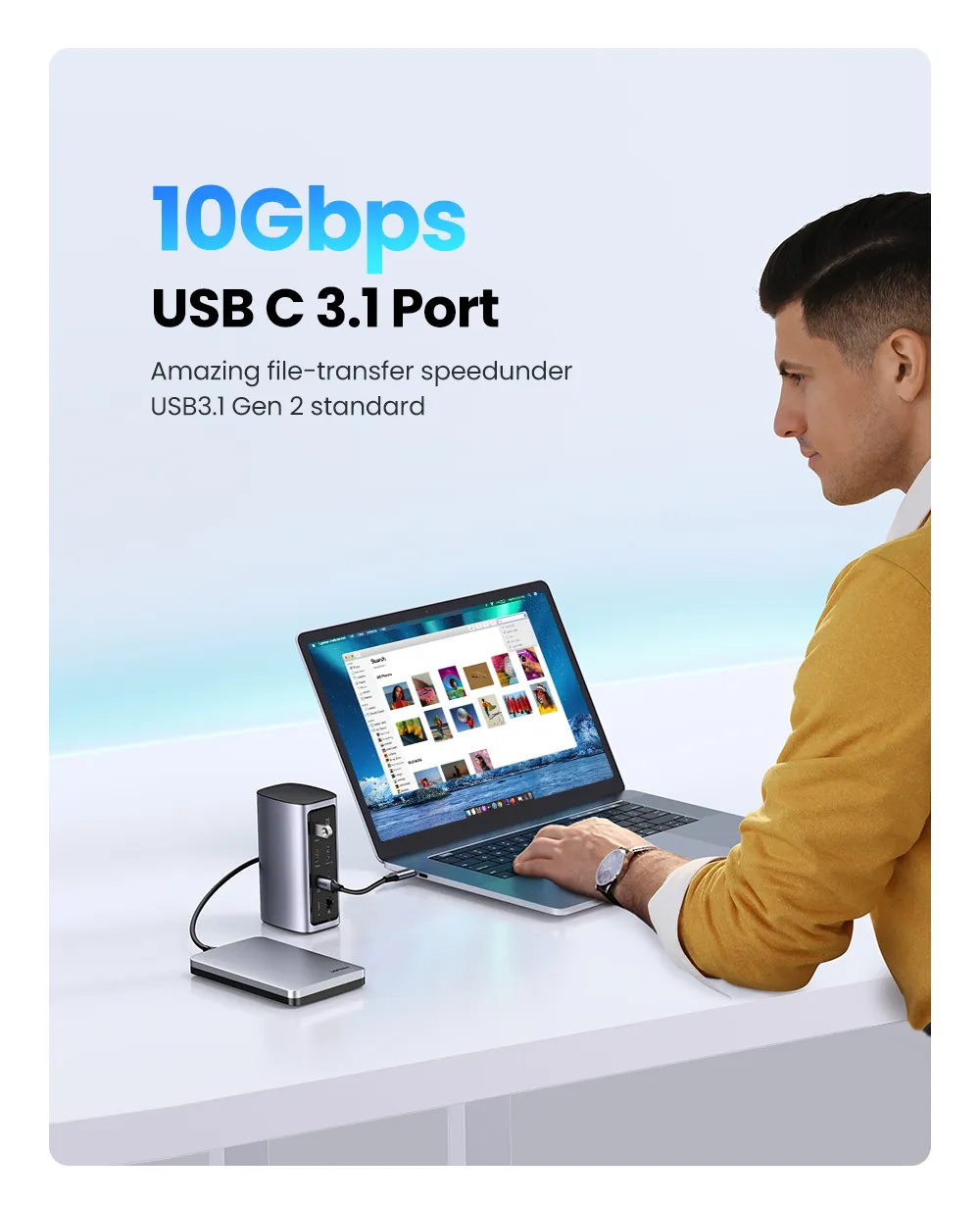 Dock chuyển đổi MST Ugreen Revodok Pro 12-in-1 CM555-90325, chi tiết logo Ugreen và thông tin sản phẩm.