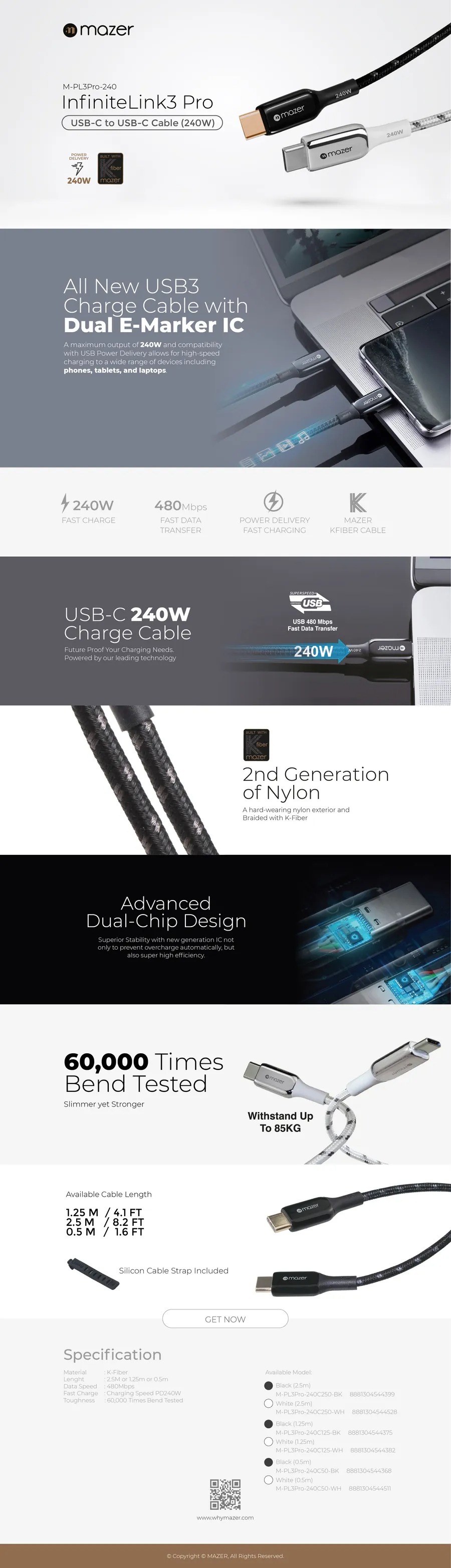 chube Dây Cáp MAZER Infinite.LINK 3 Pro PD 240W USB-C to USB-C cable (KFiber Braided)