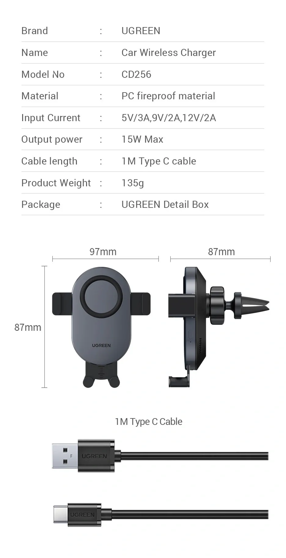 Giá đỡ sạc không dây Ugreen CD256 trên ô tô 15W, góc nhìn cận cảnh sản phẩm.