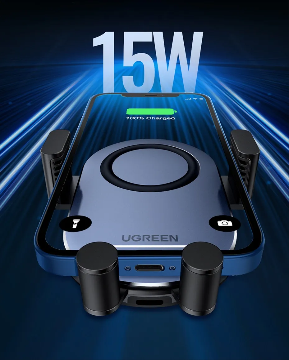 Giá đỡ sạc không dây Ugreen CD256 trên ô tô 15W, chi tiết kẹp giữ điện thoại.