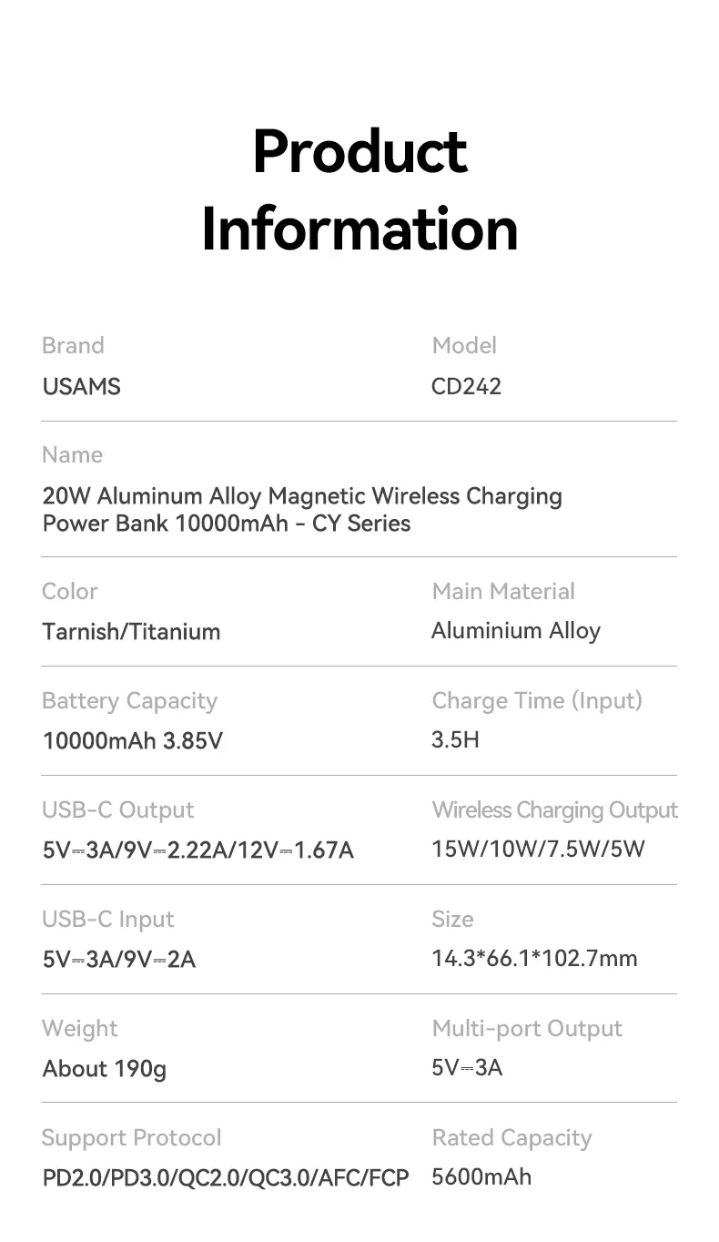 chube Pin dự phòng không dây 20W USAMS CD242 10000mAh