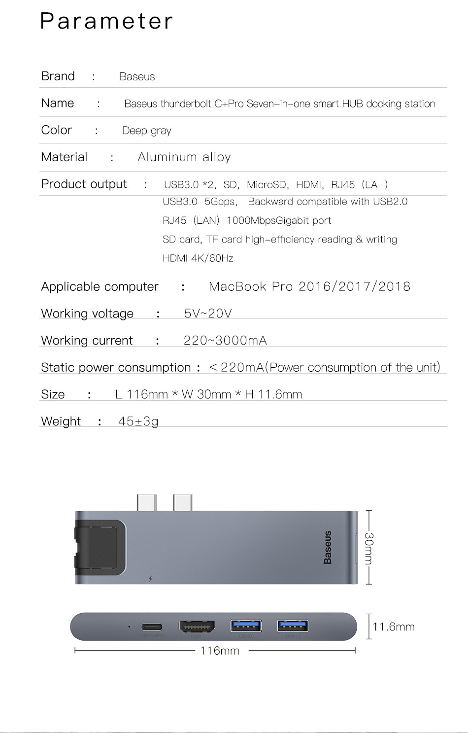 Hub chuyển Baseus Thunderbolt 7 in 1 cho Macbook Pro LV419-GY (CAHUB-L0G)