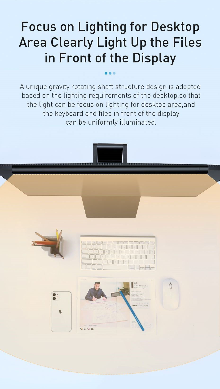 Vùng chiếu sáng rộng của đèn treo màn hình Baseus i-work Pro trên màn hình