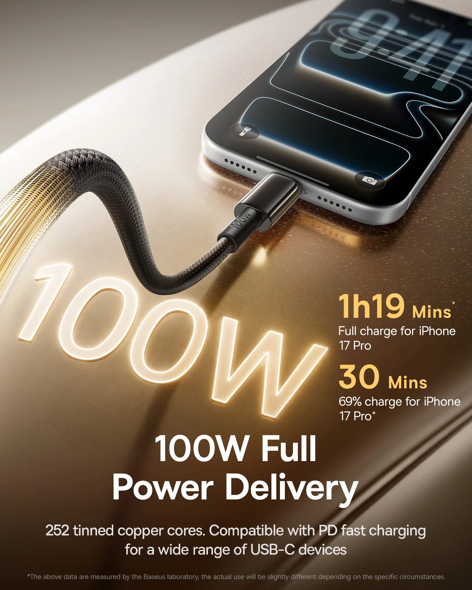 Cáp USB-C sang USB-C Baseus Tungsten Gold Air hỗ trợ sạc nhanh 100W