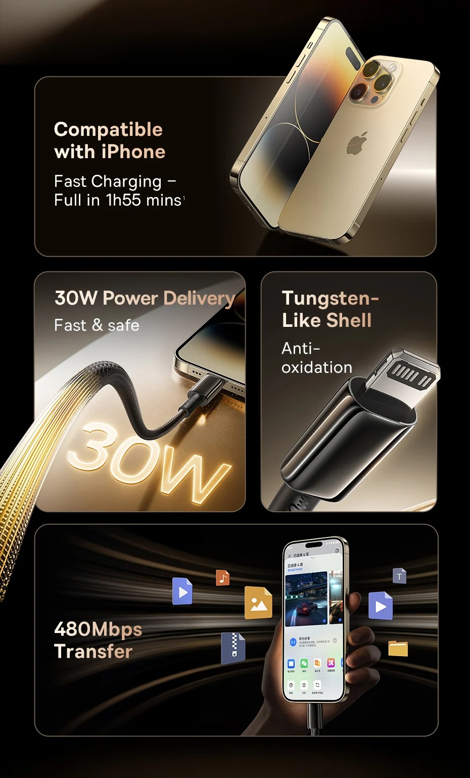 Cáp Sạc Nhanh C to Lightning Baseus Tungsten Gold Air 30W