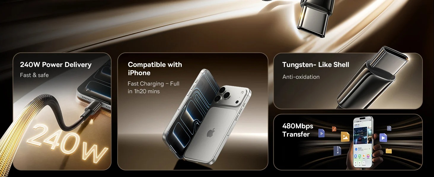 Thiết kế cáp C to C Baseus Tungsten Gold Air công suất 240W