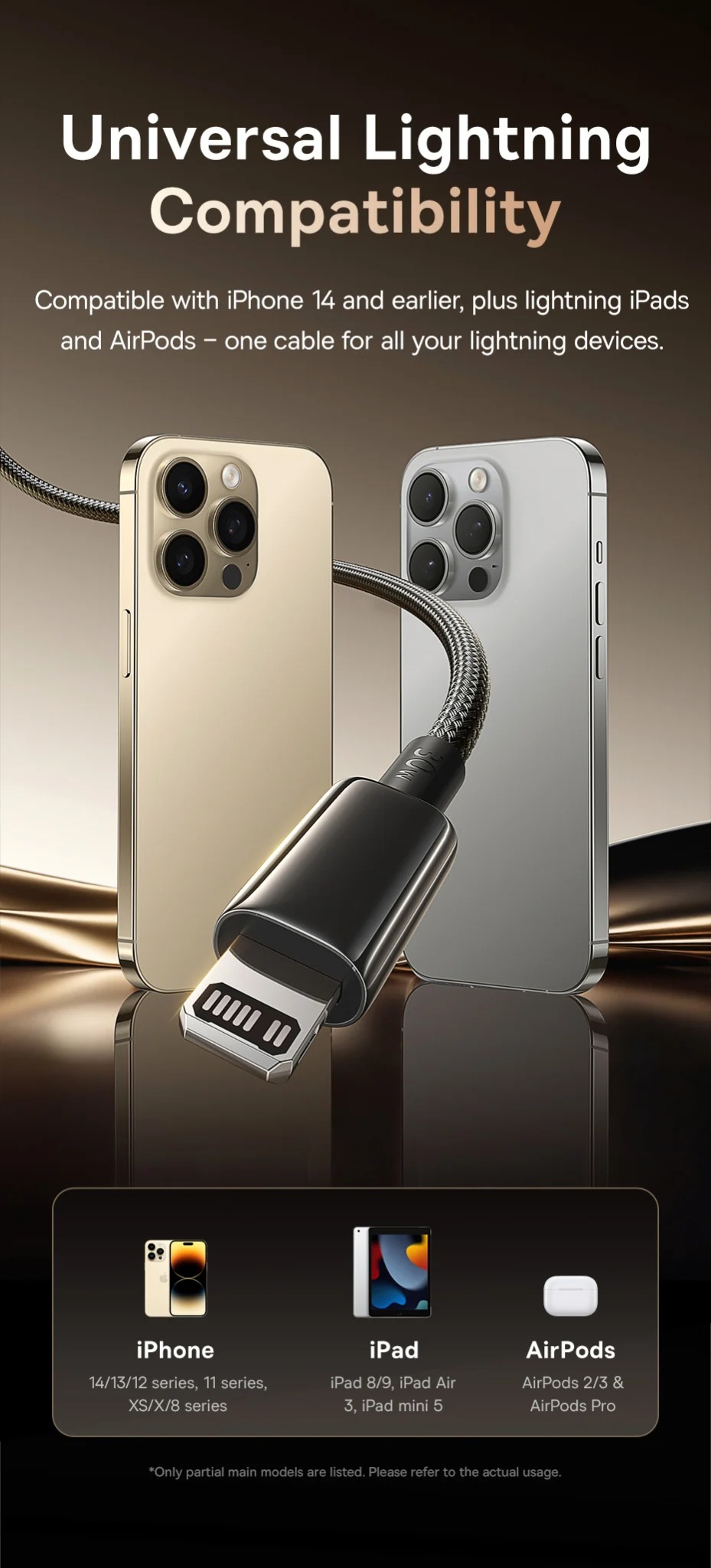 Thiết kế đầu cắm USB-C và Lightning của cáp Baseus Tungsten Gold Air