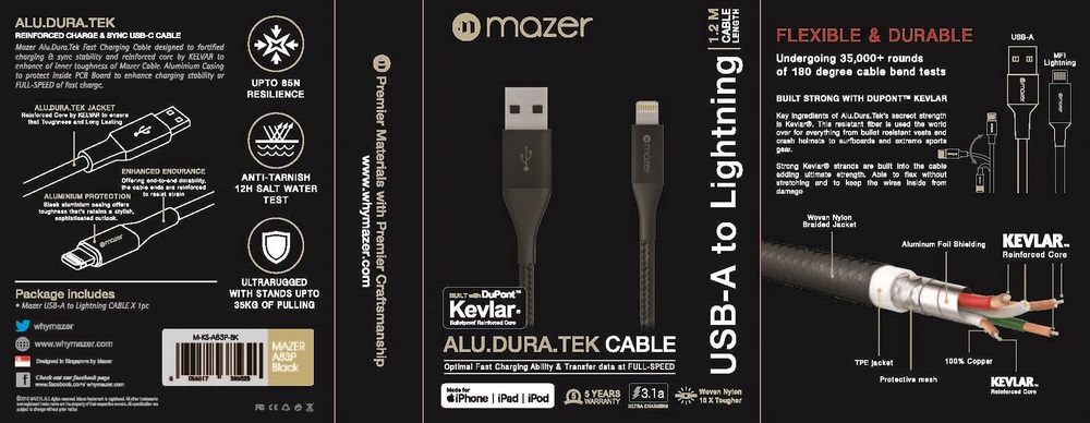 Dây Cáp MAZER CBL MFI LIGHTNING 3.1A màu đen