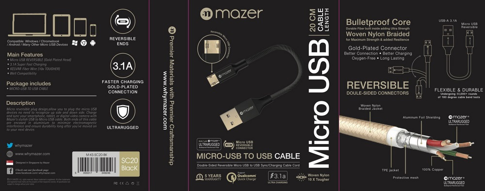 Dây Cáp MAZER CBL MICRO-USB/QC 3.0/3.1A (20cm) màu đen và đỏ, thiết kế nhỏ gọn