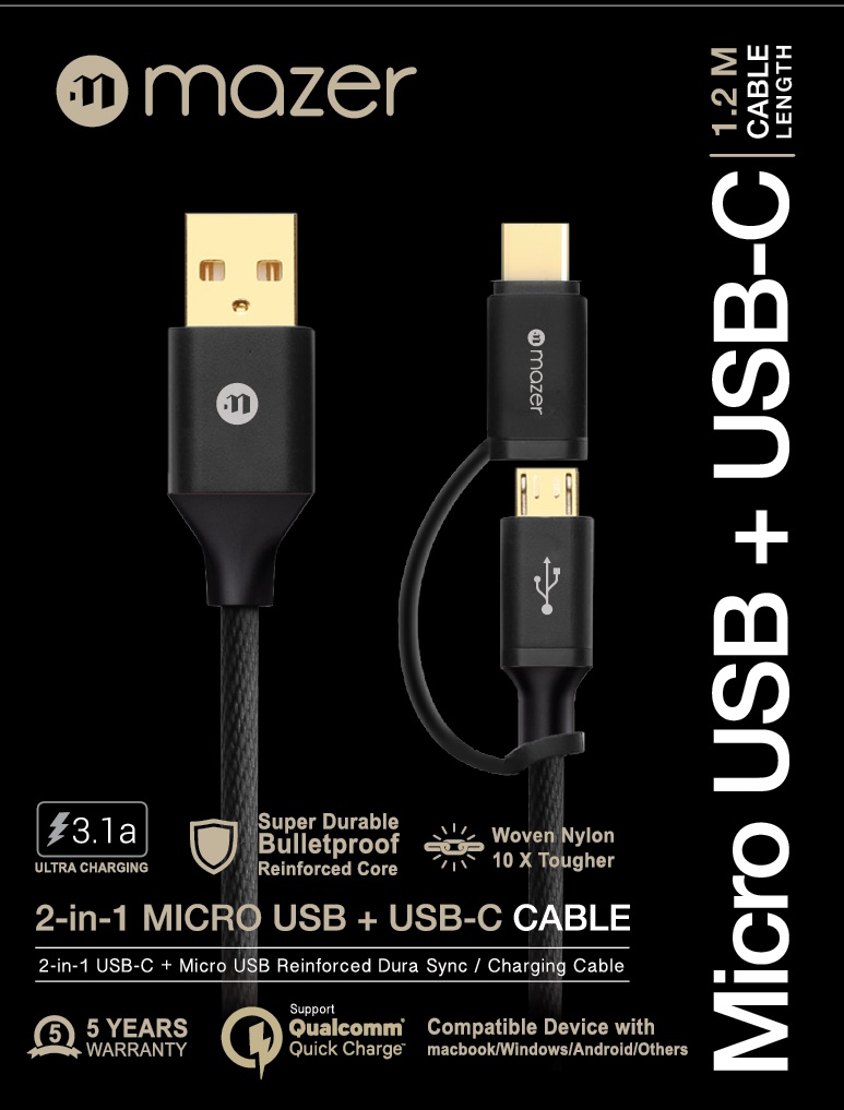 Dây cáp Mazer 2 trong 1 Micro USB và USB-C, sạc nhanh 3.1A, dài 1.2m