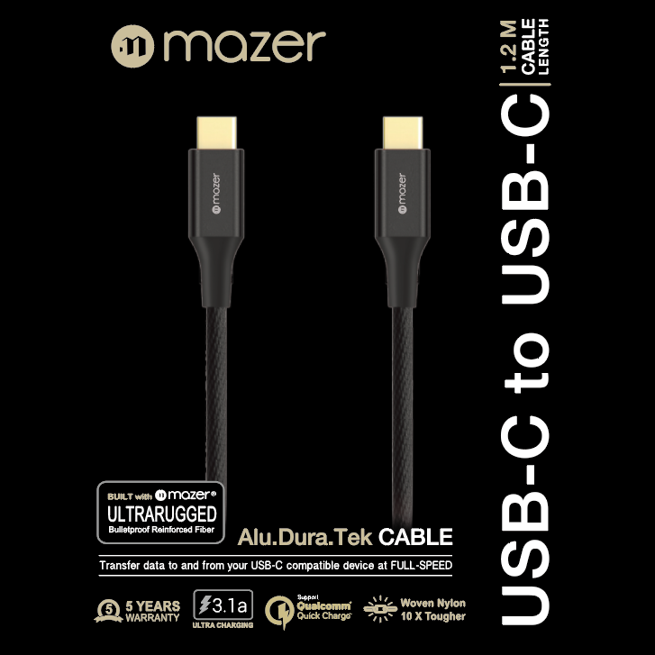 Dây cáp Mazer ALU.DURA.TEK USB-C to C 3.1A (1.2m) màu đen
