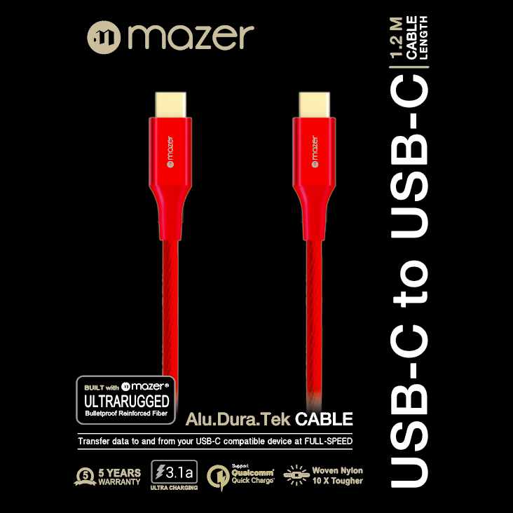 Dây cáp Mazer ALU.DURA.TEK USB-C to C 3.1A (1.2m) màu đỏ