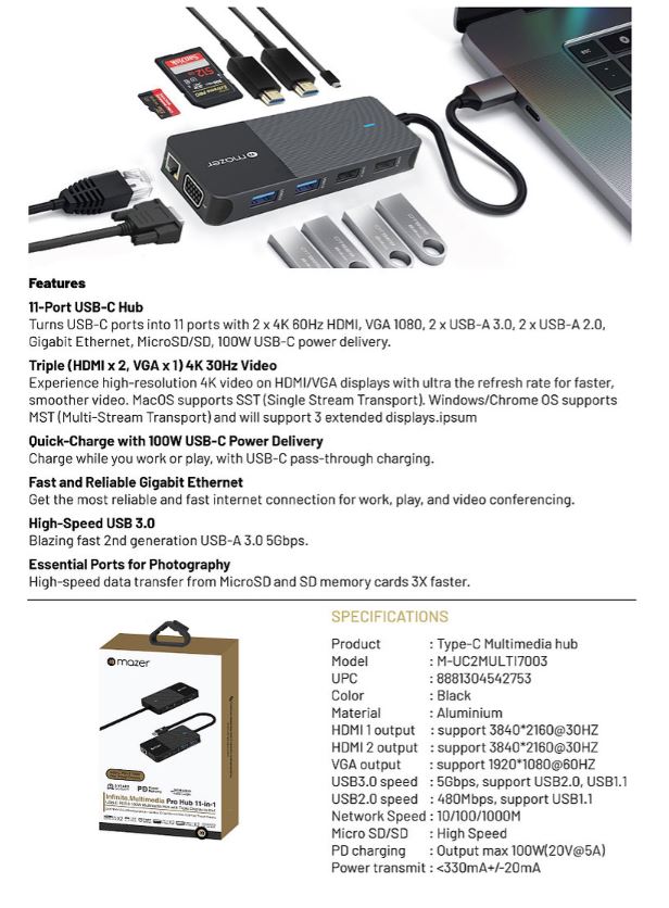 Cổng Chuyển Đổi Mazer Infinite.HUB Plus 11-in-1 M-UC2MULTI7003-BK