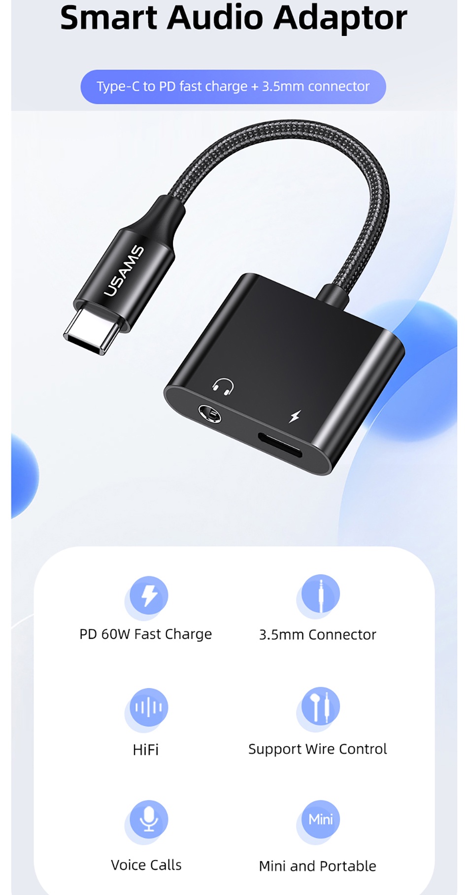 chube Đầu chuyển Type-C to Audio 3.5 DC Usams AU15 + PD 60W