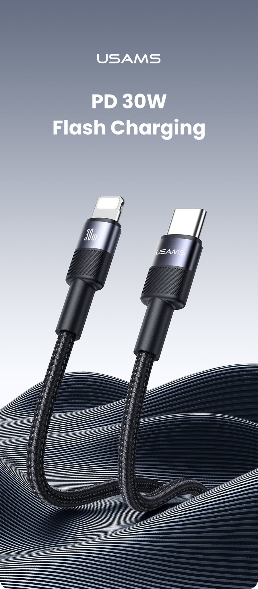 Cáp sạc nhanh Usams SJ729 30W Type-C to Lightning SY Series - Thiết kế chi tiết