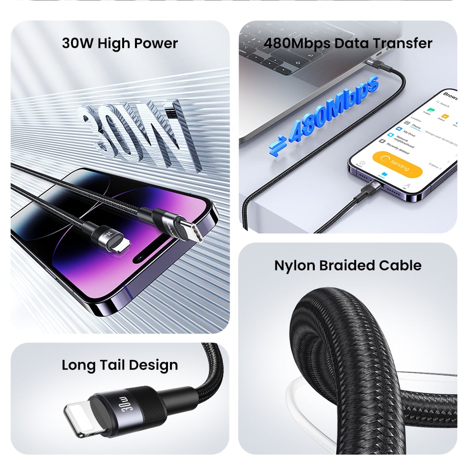 Cáp sạc nhanh Usams SJ729 30W Type-C to Lightning SY Series - So sánh kích thước