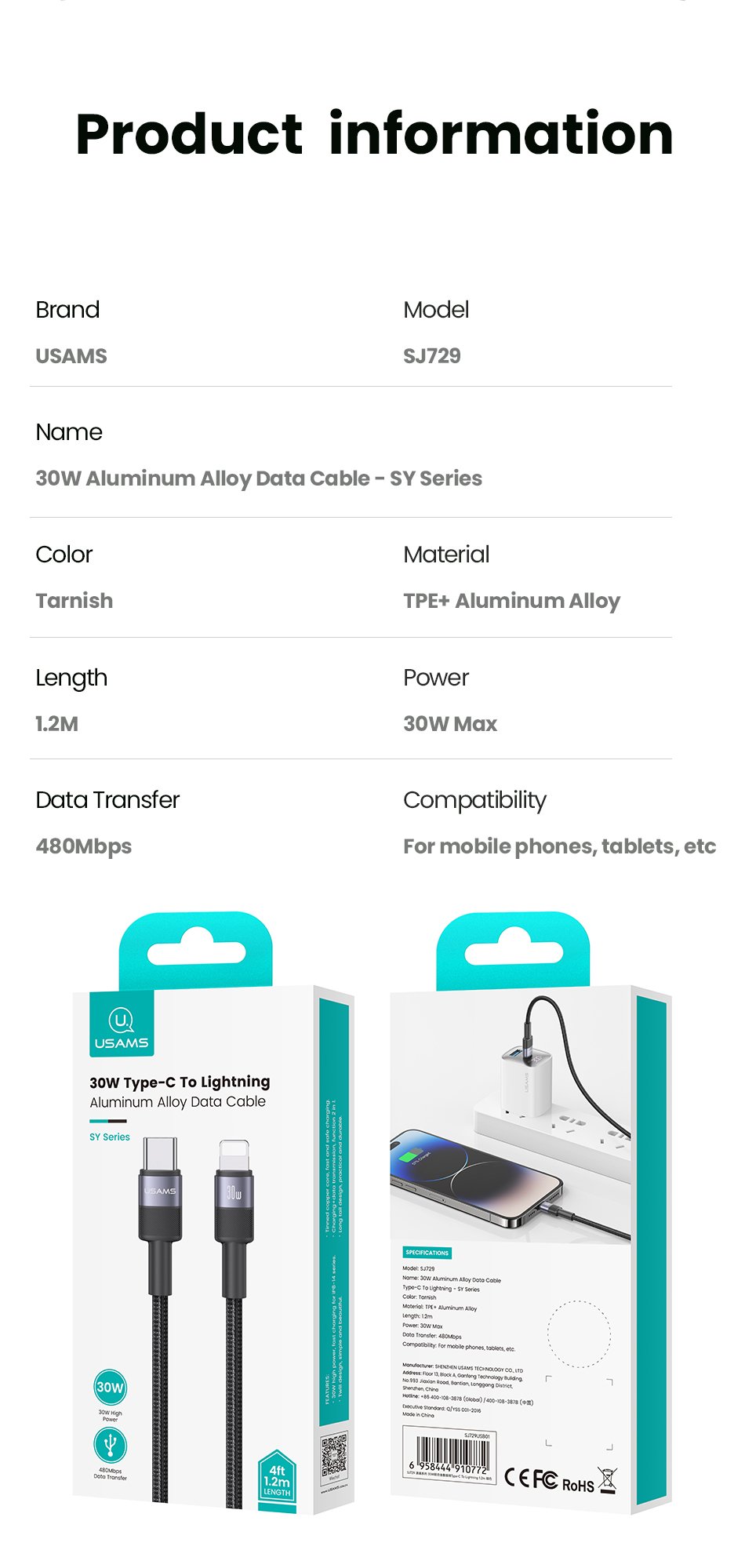 Cáp sạc nhanh Usams SJ729 30W Type-C to Lightning SY Series - Trong hộp sản phẩm