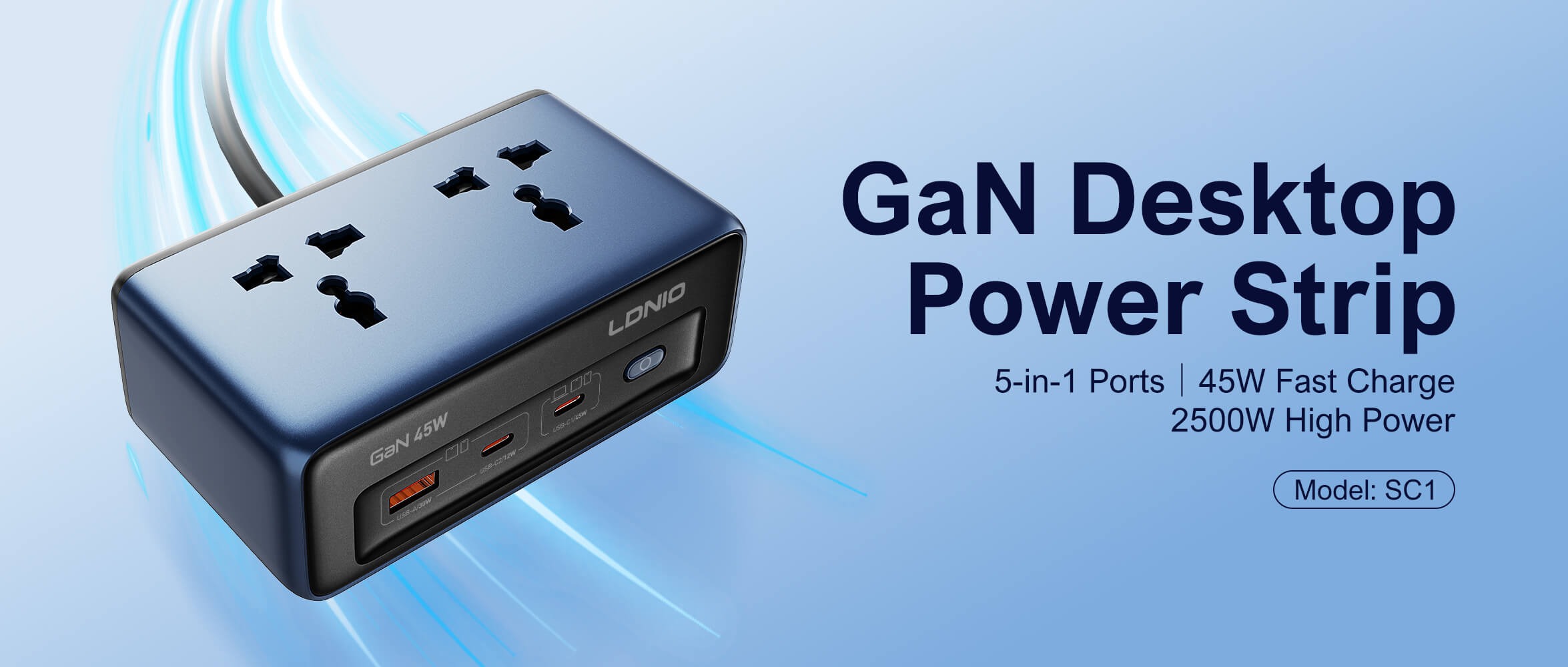 Ổ cắm đa năng LDNIO SC1 GaN 5in1 công suất 2500W sạc nhanh 45W