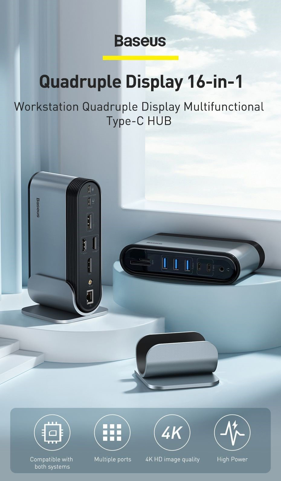 Hub chuyển đổi đa năng 16 in 1 Baseus Working Station 4 màn - Thiết kế tổng quan