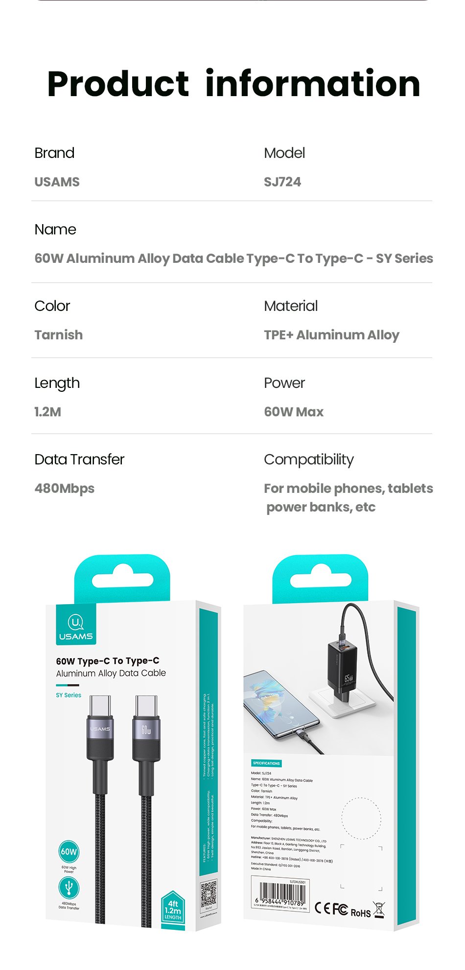 chube Cáp sạc 60W Usams SJ724 C to C Aluminum Alloy SY Series