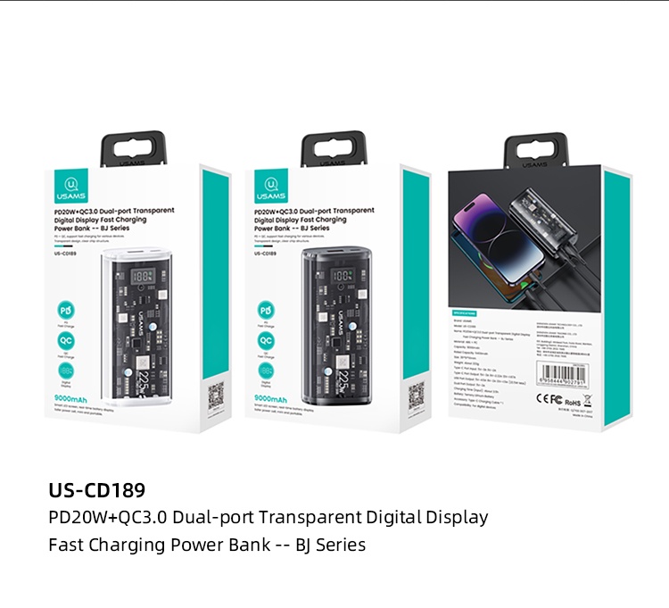 chube Pin dự phòng trong suốt 20W USAMS CD189 9000mAh