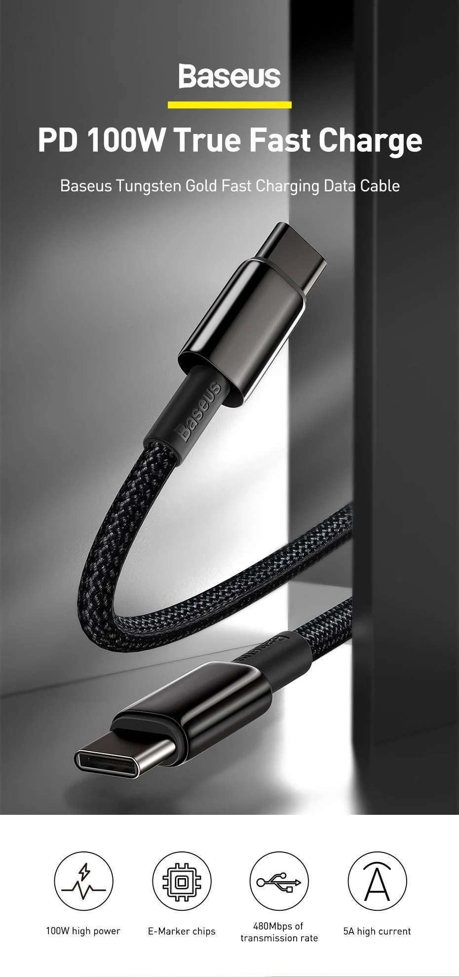 chube Cáp sạc nhanh C to C PD 100W Baseus Tungsten Gold