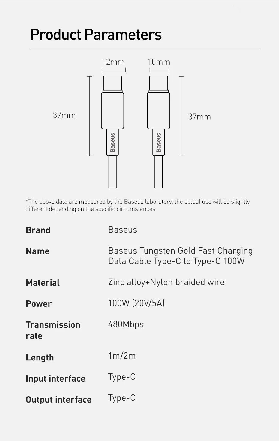 chube Cáp sạc nhanh C to C PD 100W Baseus Tungsten Gold