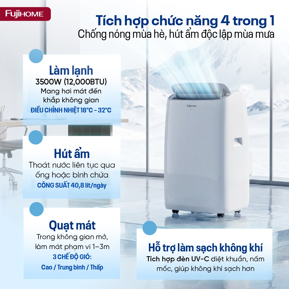 Điều hòa di động Fujihome PAC12N – Điều hòa di động thế hệ mới, điều khiển thông minh - cửa gió lớn Fujihome PAC12N – ảnh 3