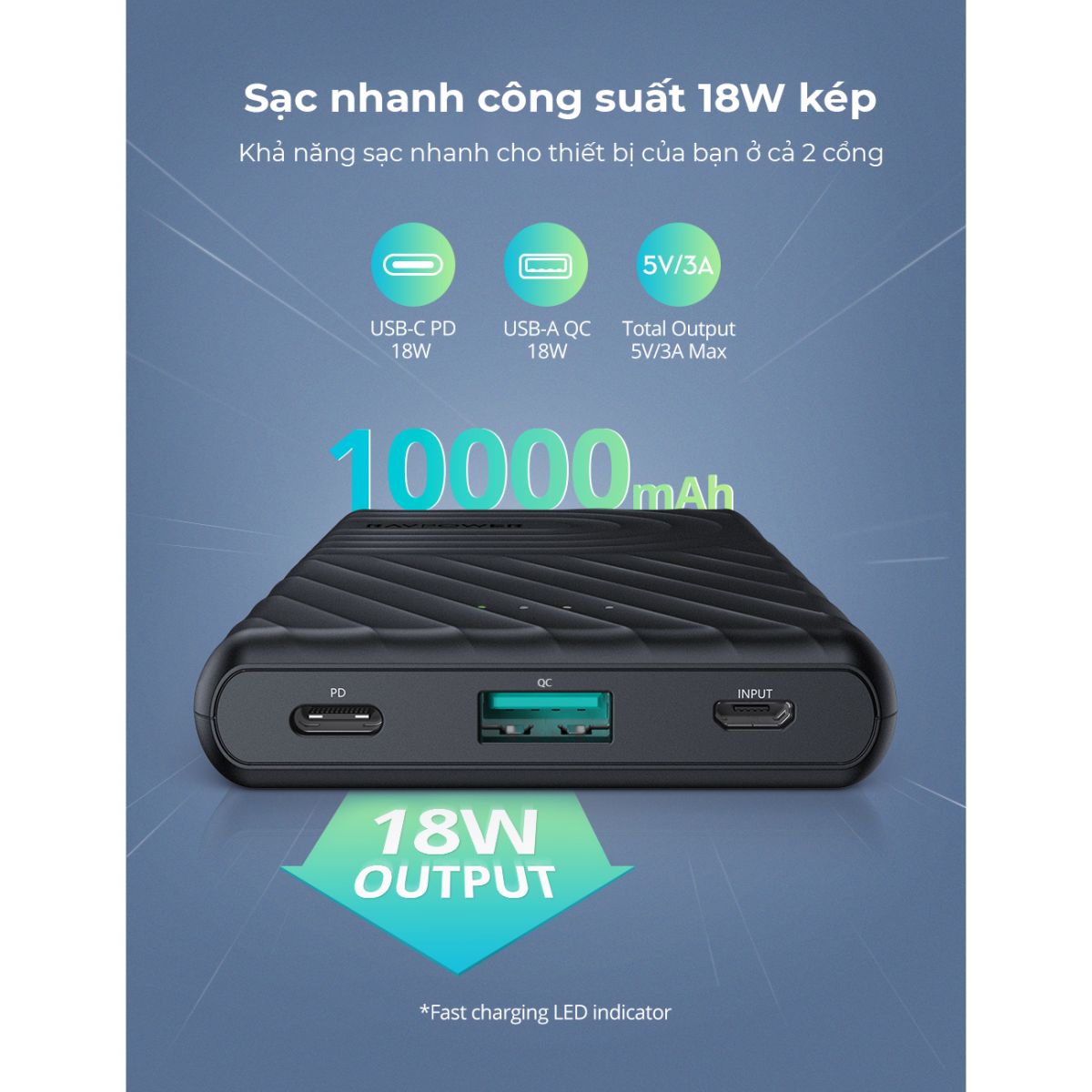 Pin sạc dự phòng Ravpower RP-PB195 10000mAh Type-C PD 18W - 3