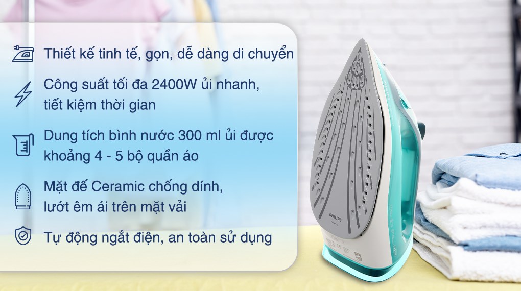 Bàn là hơi nước Philips Series 3000 2400W DST3030/70 - Hơi nước mạnh mẽ 40g/phút, tăng cường 180g