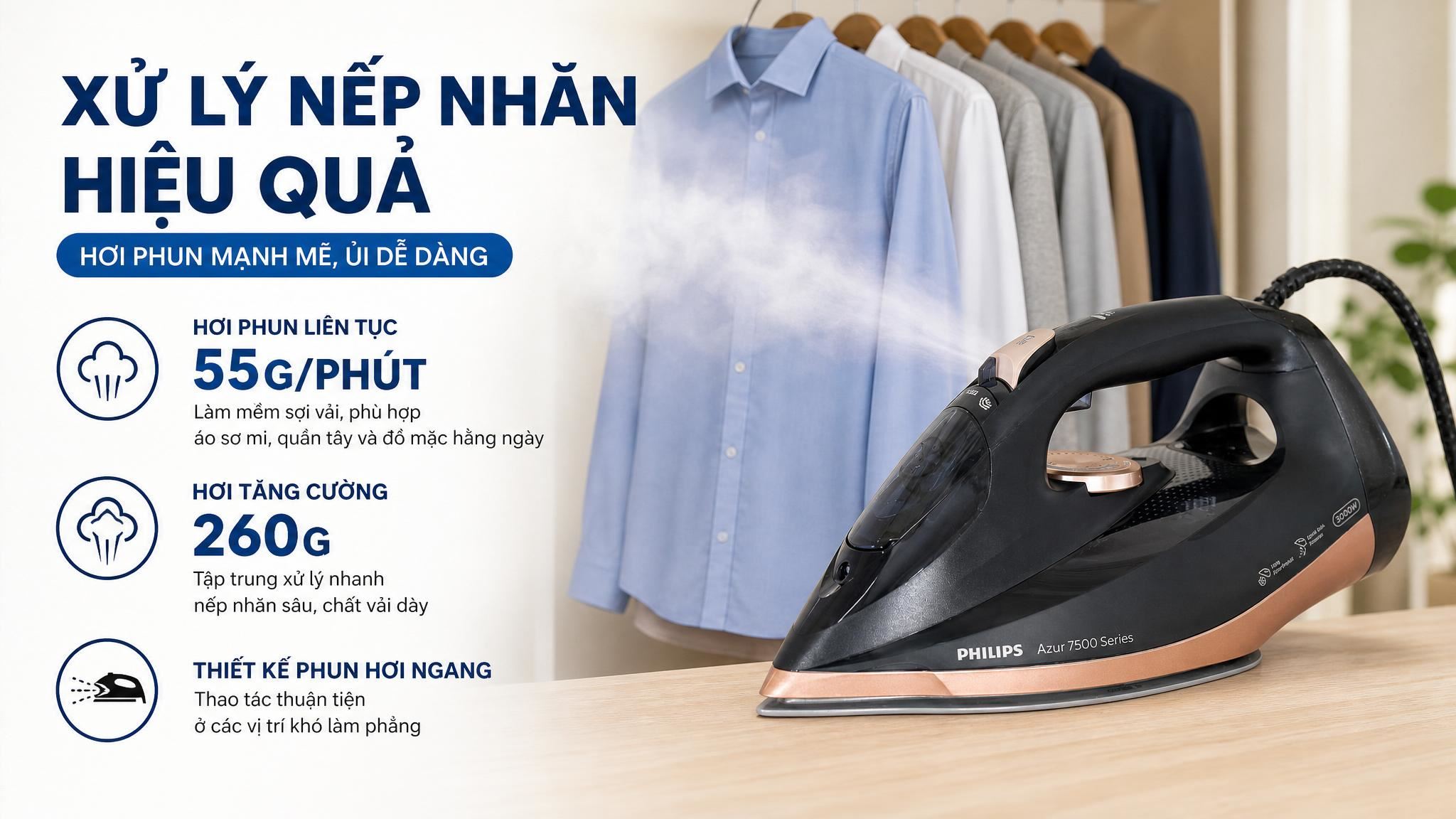 Bàn ủi hơi nước Philips Azur 7500 Series 3200W DST7510/80 - Phun hơi tăng cường 260g/phút
