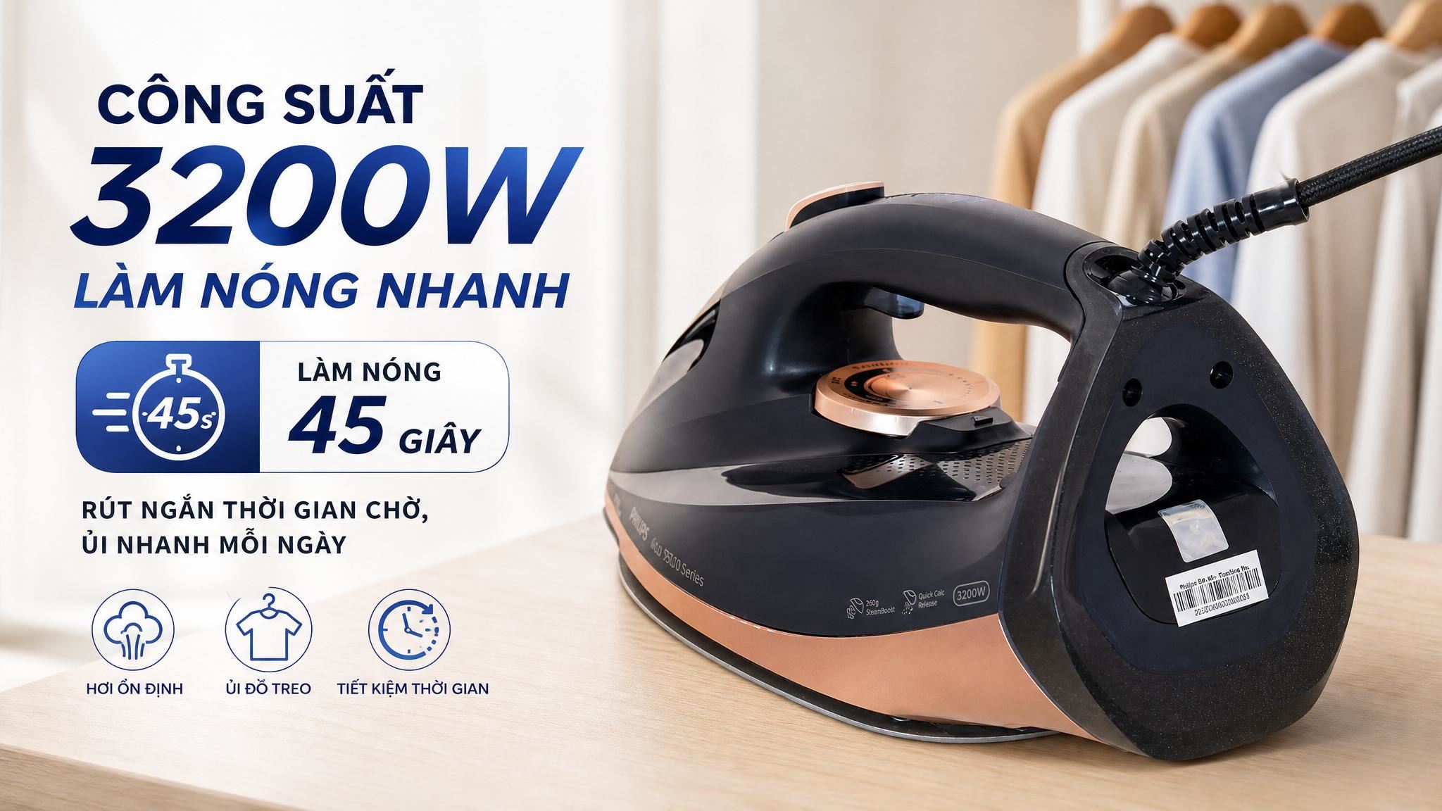 Bàn ủi hơi nước Philips Azur 7500 Series 3200W DST7510/80 - Làm nóng chỉ trong 45 giây
