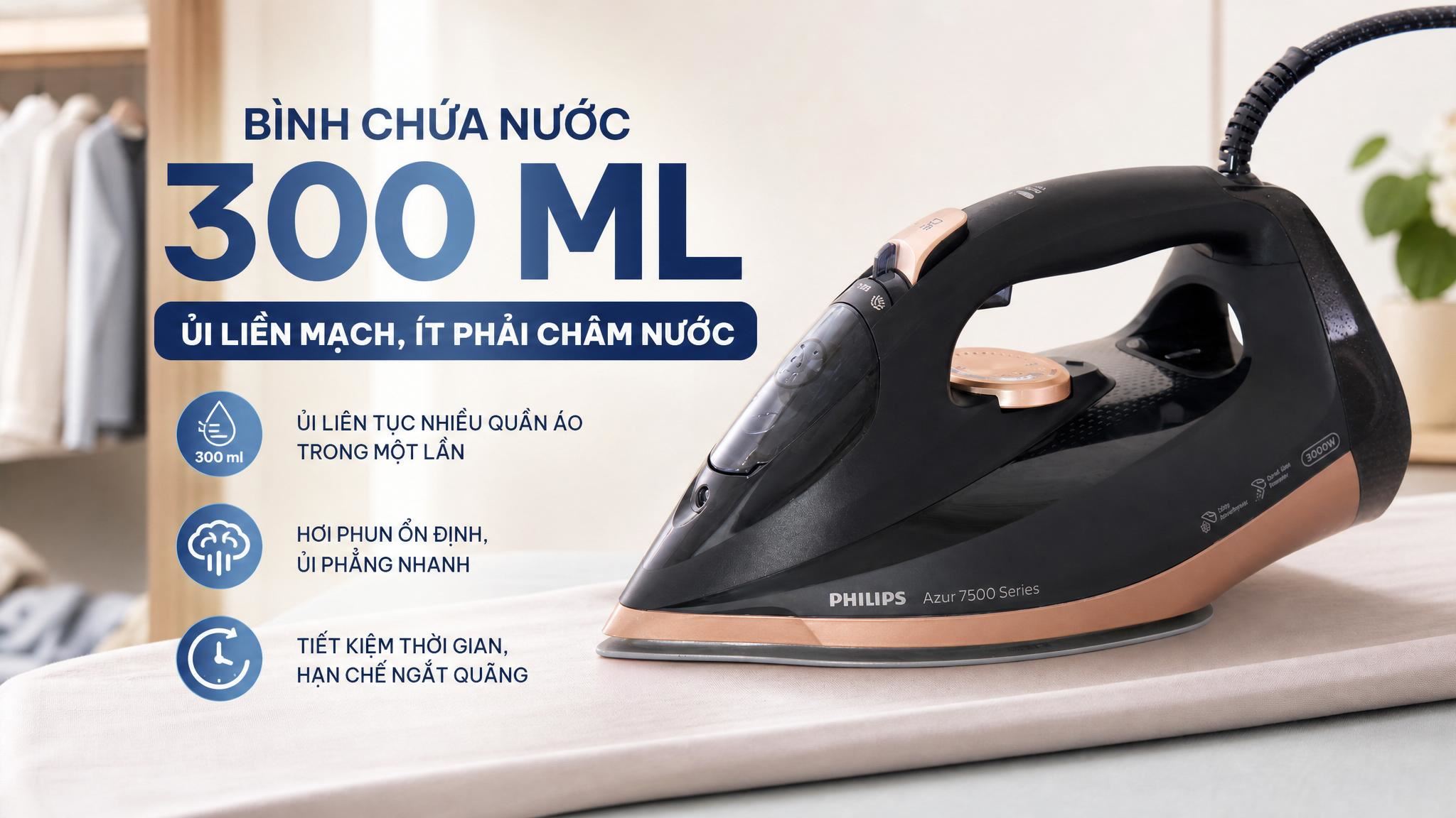 Bàn ủi hơi nước Philips Azur 7500 Series 3200W DST7510/80 - Mặt đế SteamGlide lướt êm mọi bề mặt vải