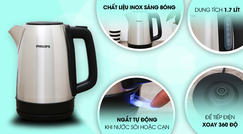 Bình đun siêu tốc Philips Ruột Inox SUS304 1.7 lít HD9350/90 - Đế đun phẳng cho tốc độ sôi nhanh