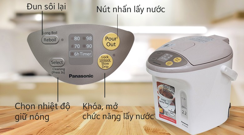 Bình thủy điện Panasonic 2.2 lít NC-EG2200CSY Xuất xứ Thái Lan - 4 mức giữ nhiệt 70 - 80 - 90 - 98°C