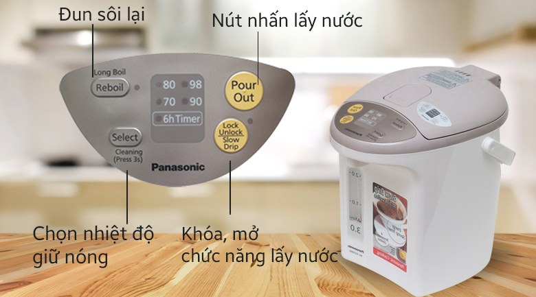 Bình thủy điện Panasonic 3 lít NC-EG3000CSY Xuất xứ Thái Lan - 4 mức giữ nhiệt 70 - 80 - 90 - 98°C